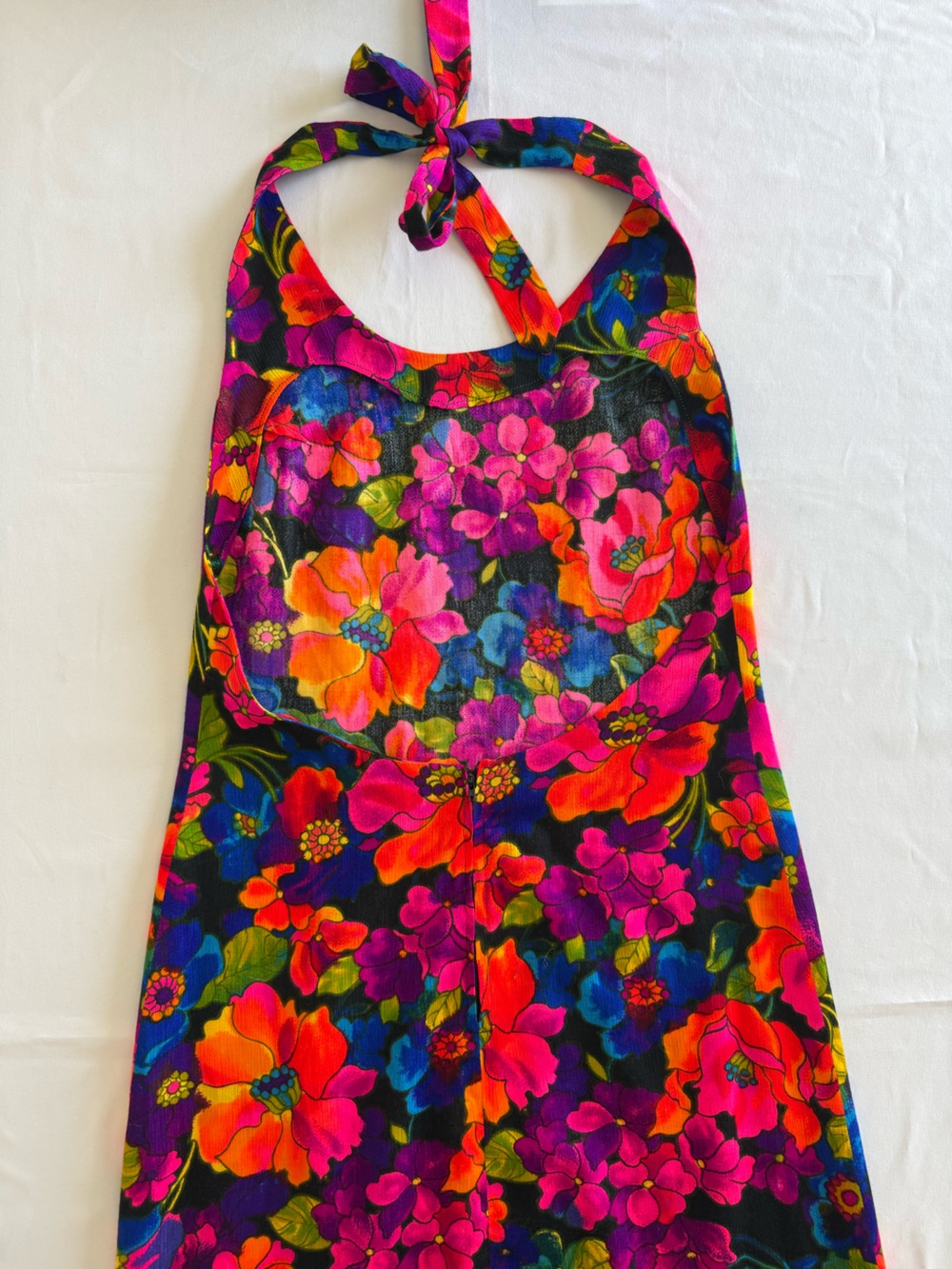 Vintage Vibrant Floral Halter Maxi Dress - Bright Pink & Orange Flowers - Picture 6 of 7